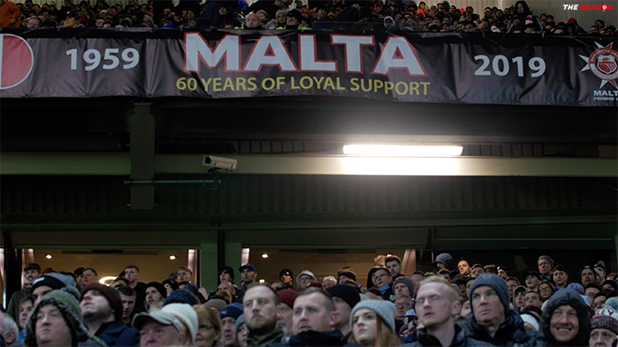 Celebrating 60 Years of loyal support MUSC Malta's banner hangs proudly at Old Trafford