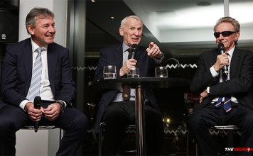 Paddy Crerand flanked by Bryan Robson and Denis Law - speaking at the Gala Dinner celebrating the 60th anniversary of the world's oldest Manchester United Supporters Club.