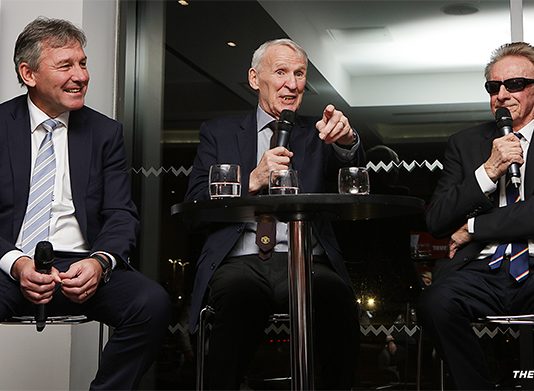 Paddy Crerand flanked by Bryan Robson and Denis Law - speaking at the Gala Dinner celebrating the 60th anniversary of the world's oldest Manchester United Supporters Club.
